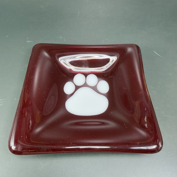 Hand Made Red Fused Art Glass Square Trinket Dish Plate White Dog Paw Vintage - Picture 9 of 13